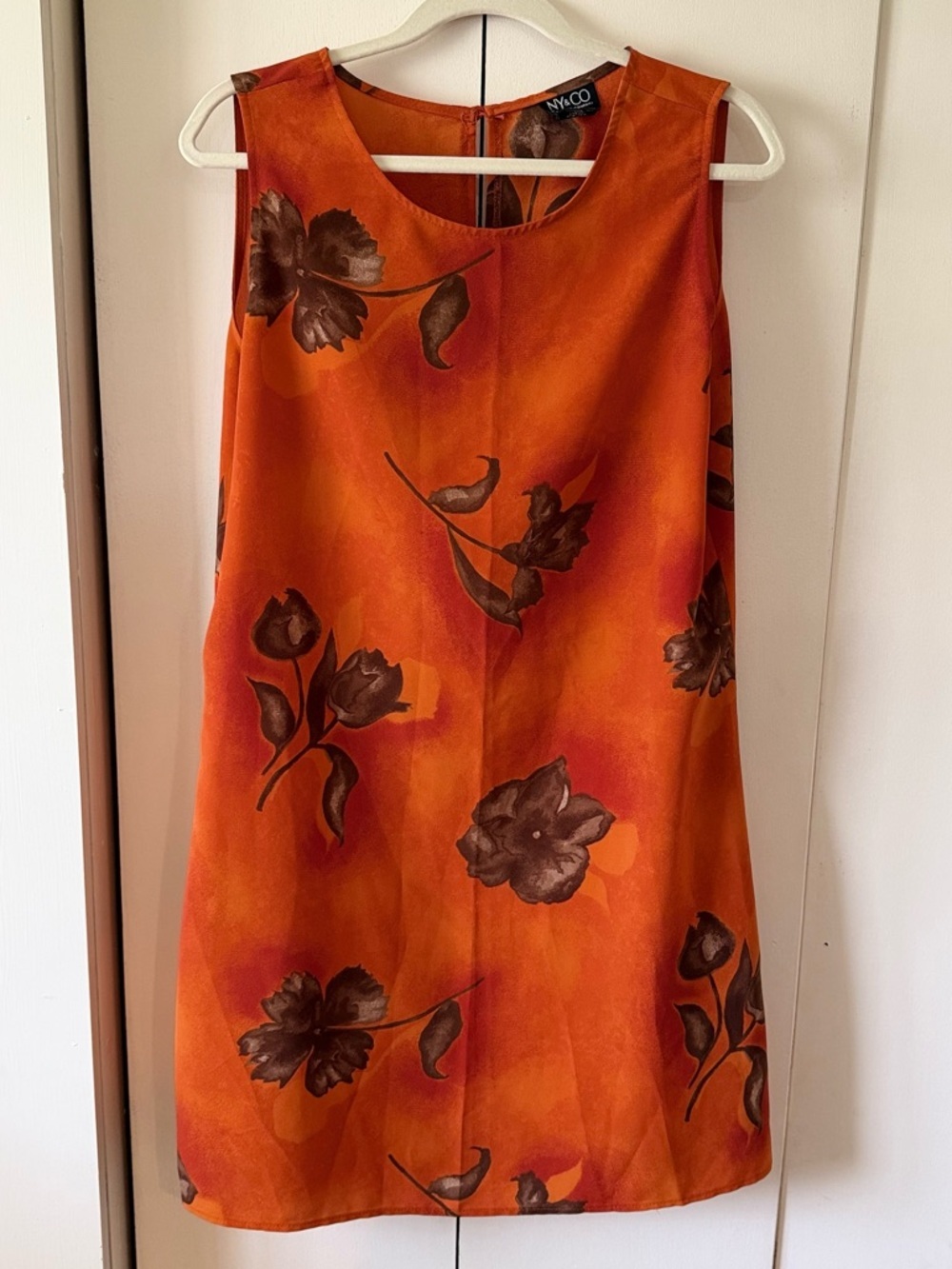 New York & Company Orange Brown Floral Mini Dress Button Slip Dress Vintage 14 - Picture 6 of 10
